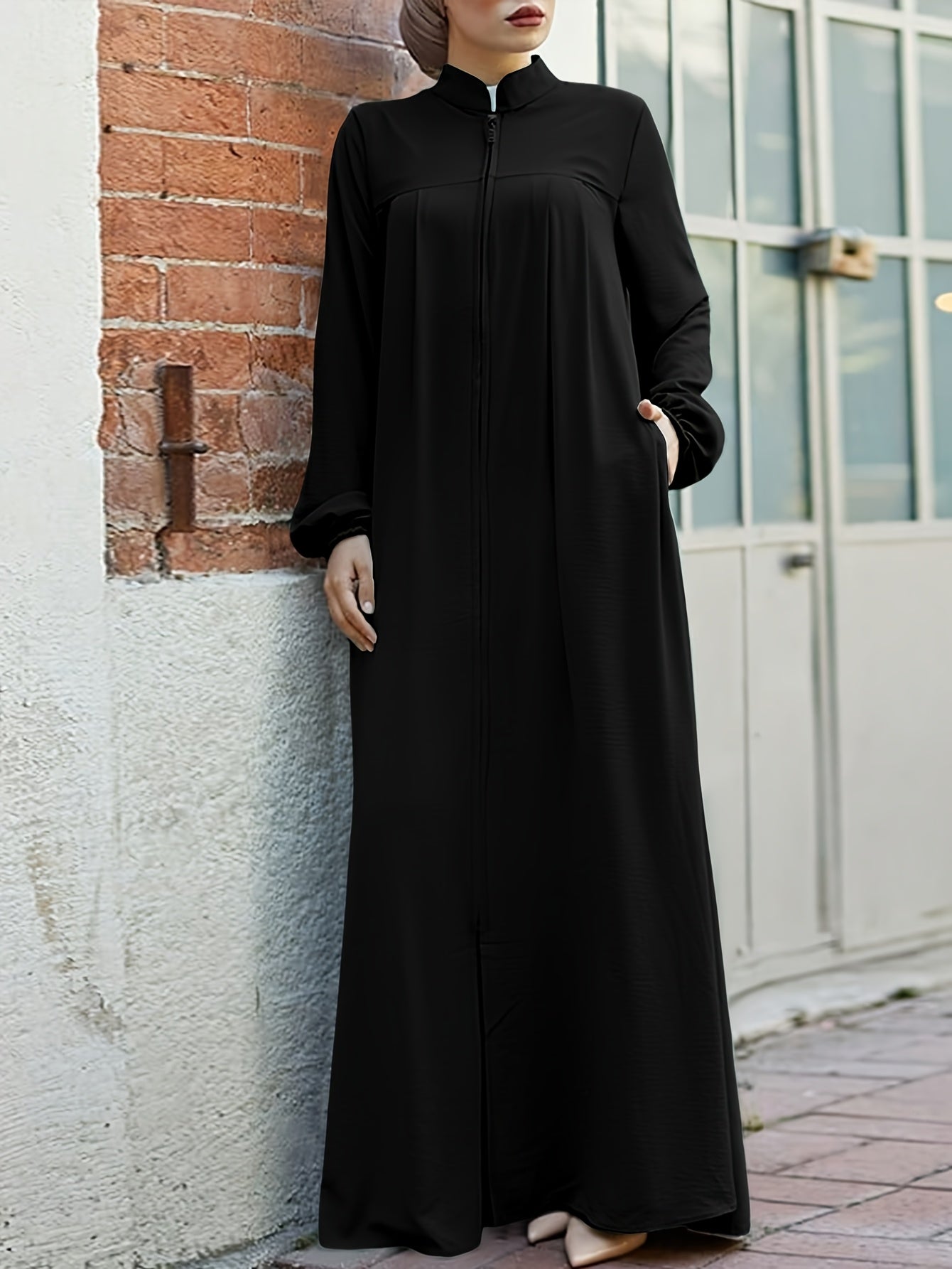 Elegant Black Long Sleeve Palestinian Abaya Dress with Zipper Pockets - Casual Loose Fit, Collared Neckline, Traditional Middle Eastern Style, Comfortable Women'S Dress|Casual Elegance|Pocketed Dress