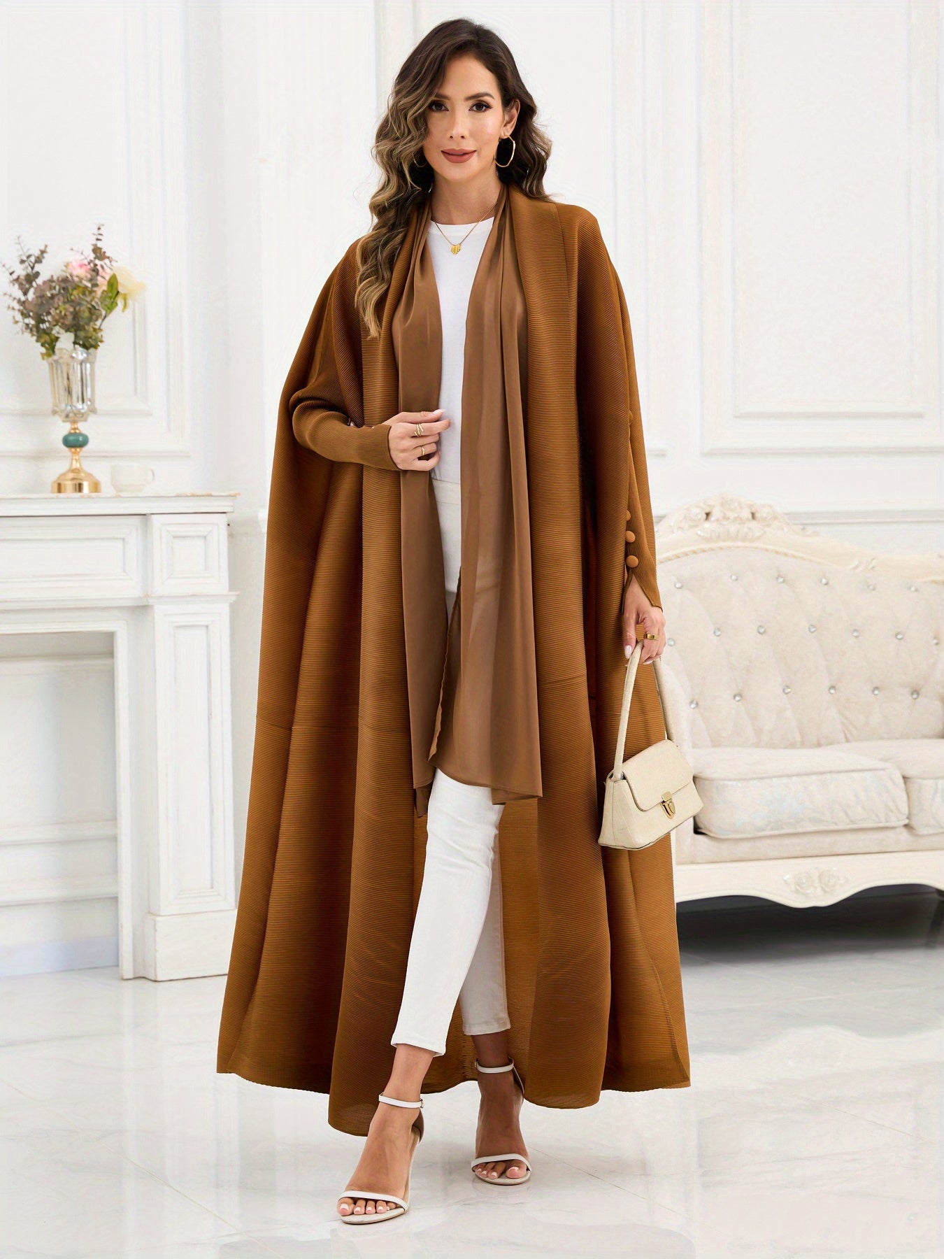 Women's Arabic Abaya with Scarf - Deep Brown Three-Way Pleated Design, Loose Fit, Long Sleeves, Belted Waist, Polyester Blend, Perfect for Muslim Prayer & Casual Wear, Muslim Clothing
