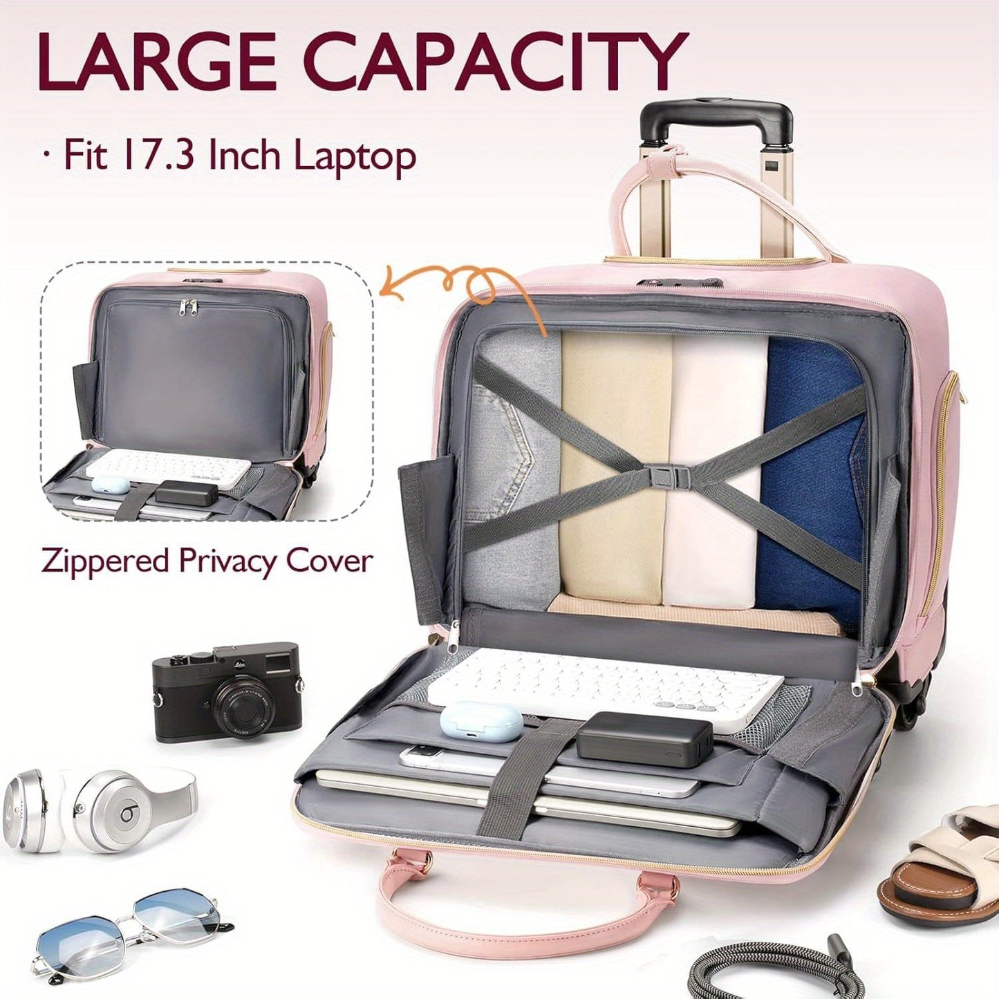 Rolling Briefcase for Women with 4 Spinner Wheels and Telescopic Extendable Handle, Leather Laptop Bag with Wheels, Roller Computer Bag for Work Travel Carry On Luggage