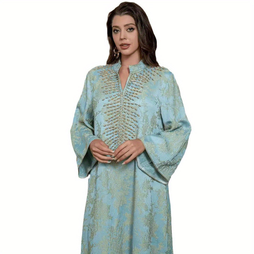 Women's Muslim Formal & Everyday Robe - Elegant Long Abaya Dress with Turquoise & Neutral Tones, Modest Islamic Clothing for Wedding, Party, Casual Attire - High-Quality Fabric, Wedding Attire, Jacquard Embroidery, Luxurious Texture