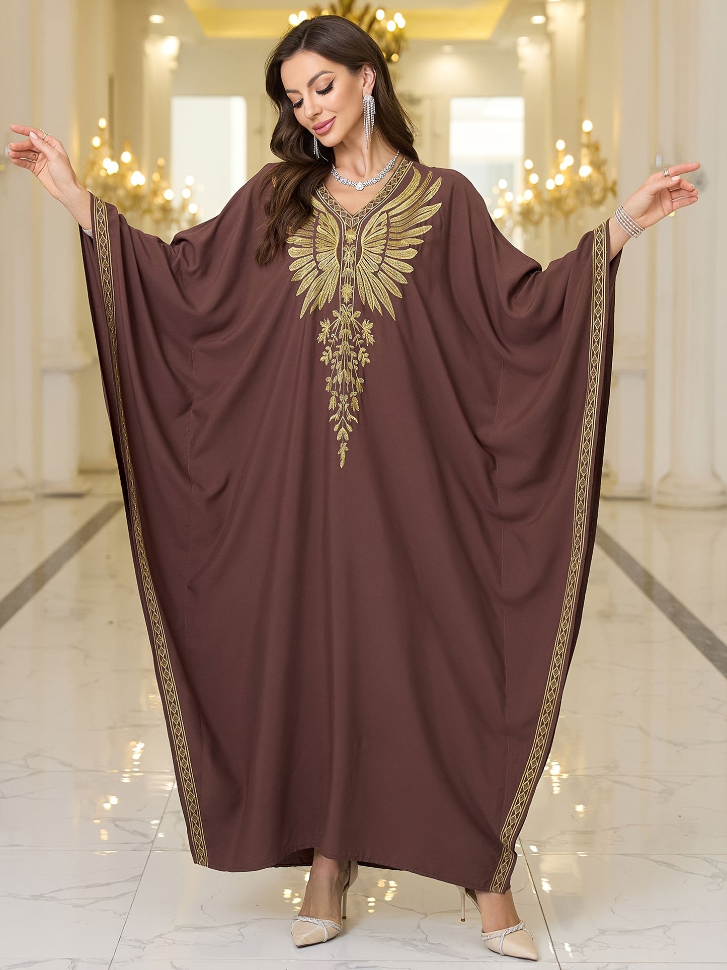 Elegant Plus Size Kaftan Dress with Embroidered Wings - V-Neck, Batwing Sleeves Abaya, Loose Fit Maxi Dress for Women - Suitable for Casual Wear, Parties & Special Occasions - Perfect Gift for Women