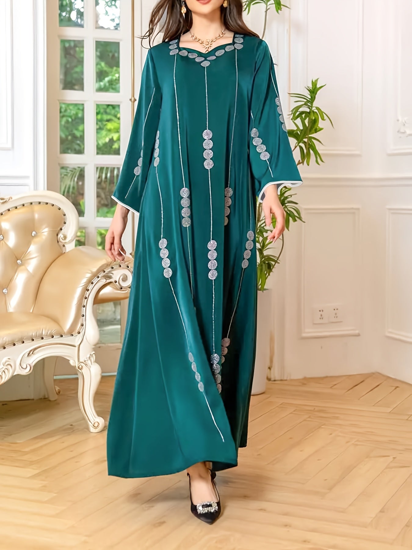 Middle Eastern Style - Simple Elegant Solid Color Square Neck Print Straight Long Sleeve Plus Size Maxi Arabic Abaya for Women