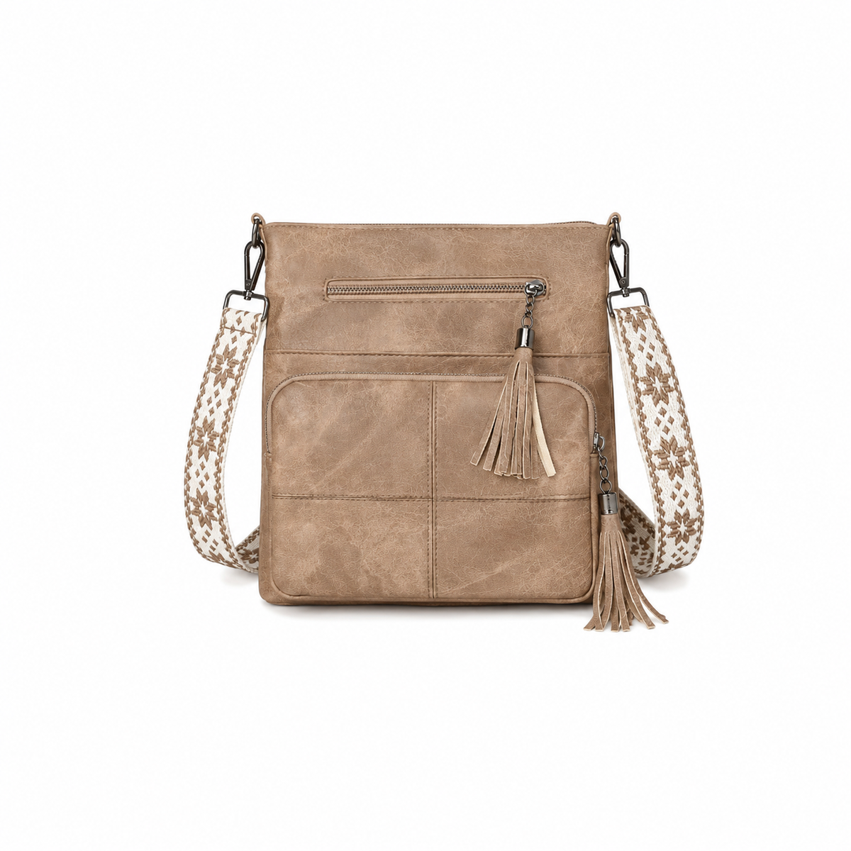 Khaki Tassel Crossbody Bag with Woven Strap
