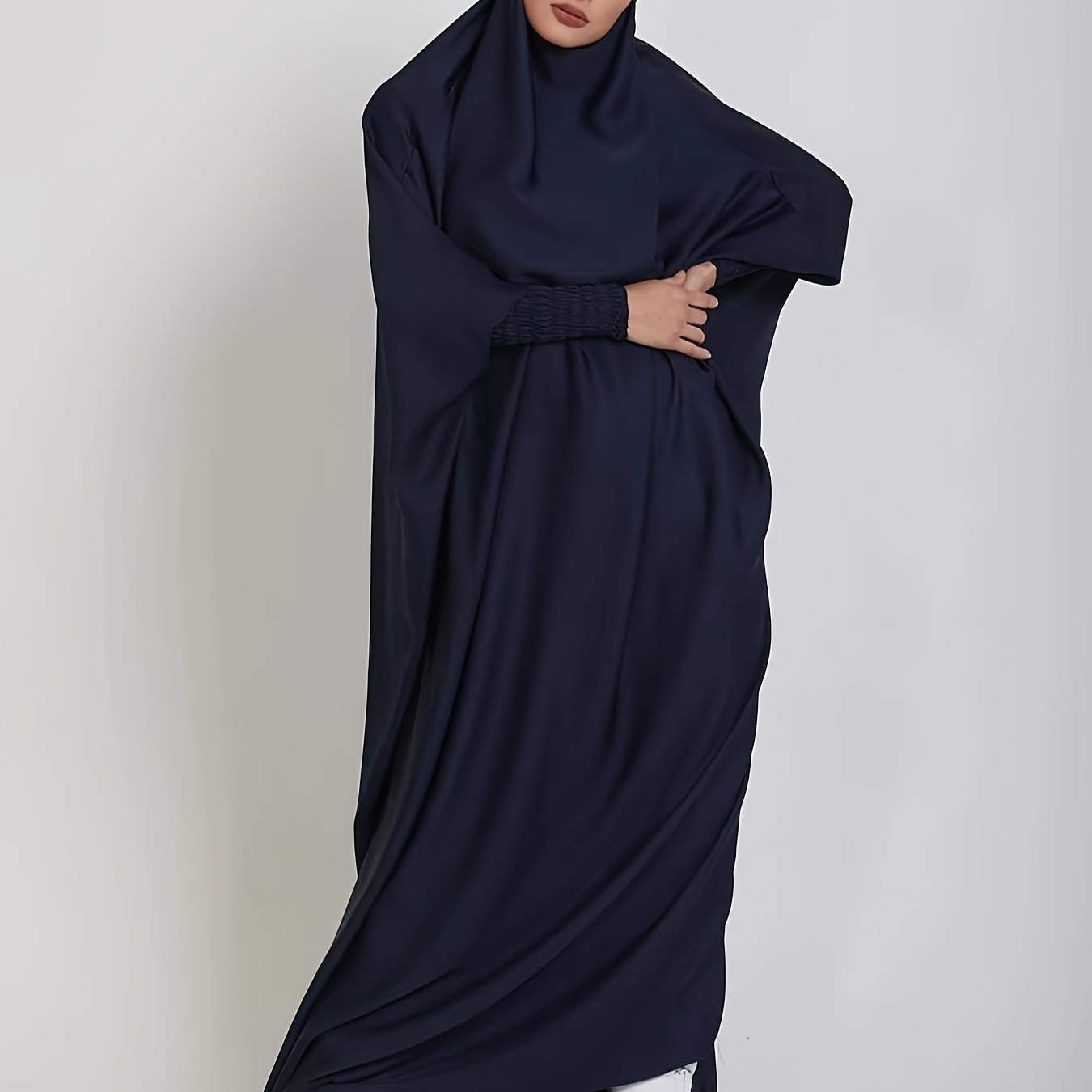 Long Sleeve Solid Color Jibab Abaya - Women's Traditional Arabian Polyester Robe with Tie Back, 95% Polyester 5% Elastane, 135g/m² - Muslim Nida Hijab Dress