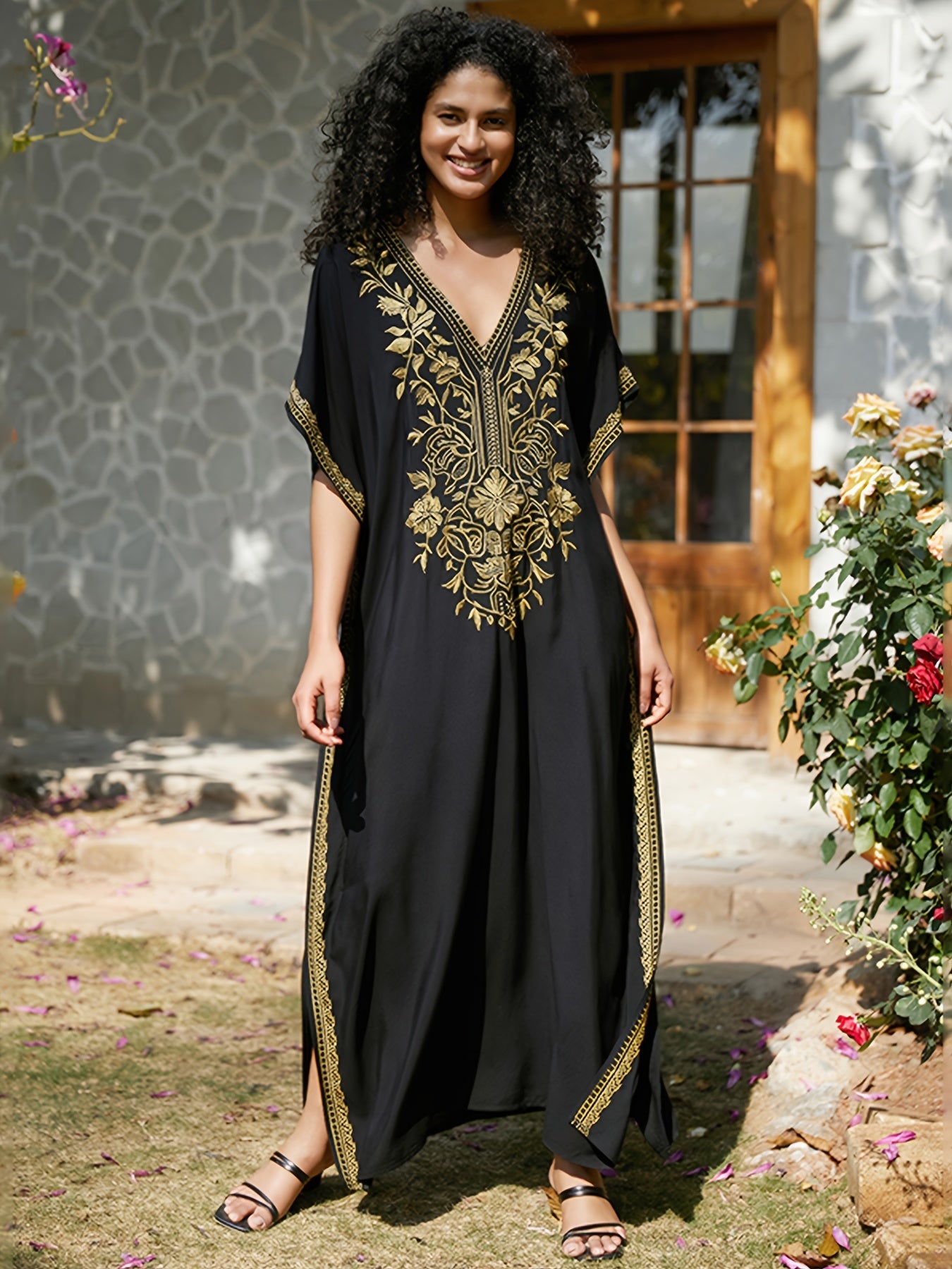 Bohemian Embroidery Kaftan Dress House Dress Split Thigh Beachwear Vacation Dress Cover Up Bohemian Embroidery Kaftan Dress House Dress Split Thigh Beachwear Vacation Dress Cover Up