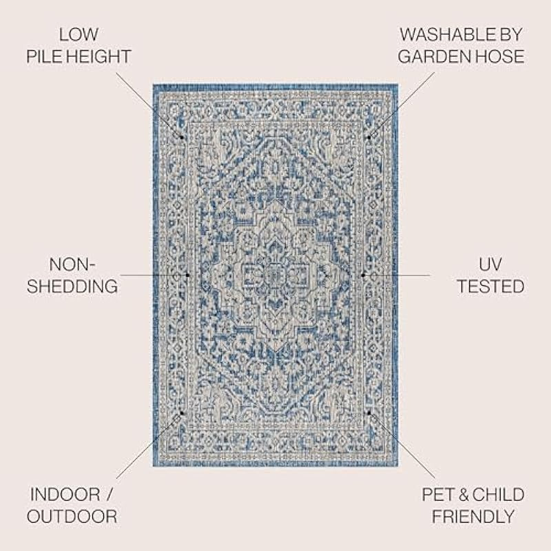 Textured Weave Indoor Outdoor Navy Gray 3 ft. x 5 ft. Area Medium Rug Coastal Easy Cleaning For High Traffic Kitchen Living Room Backyard Non Shedding
