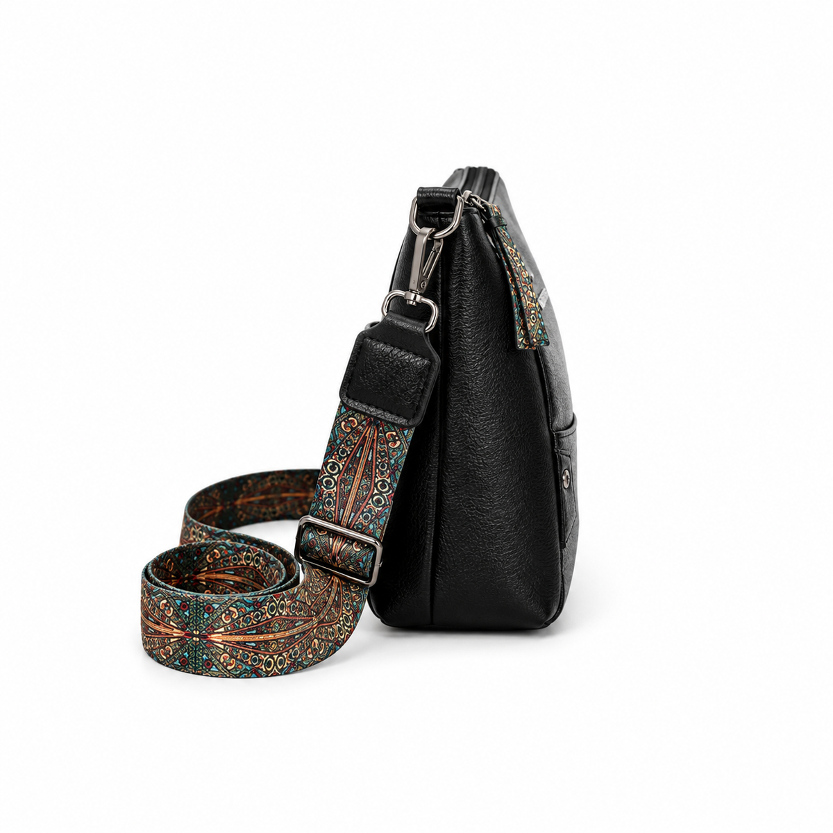 Black Crossbody Bag With Paisley Strap
