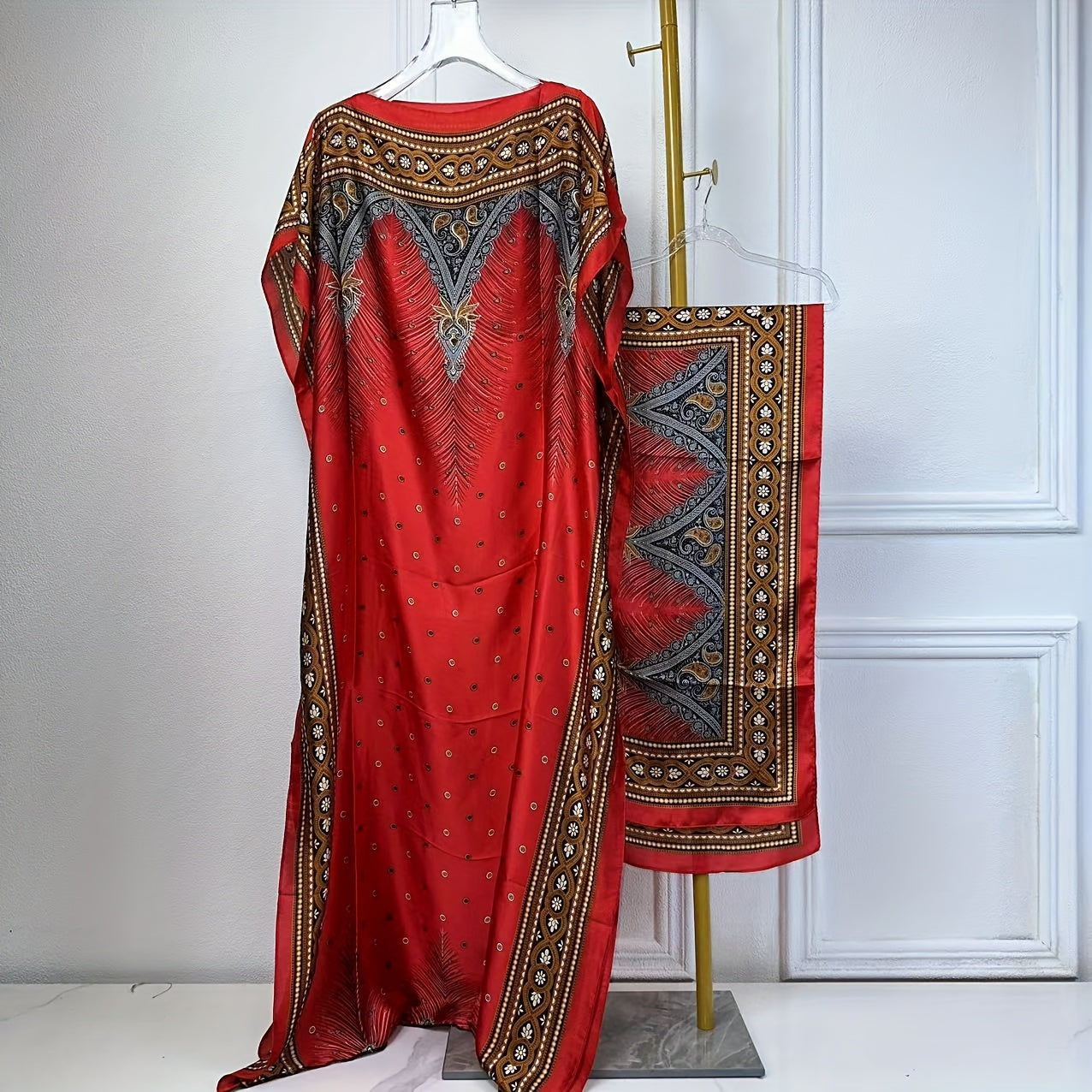 Women's Elegant Short Sleeve Loose Fit Long Dress - Traditional Middle Eastern Baju Abaya with All-Over Floral Print, Adjustable Waist Belt & Boat Neck Scarf - Breathable Machine-Washable