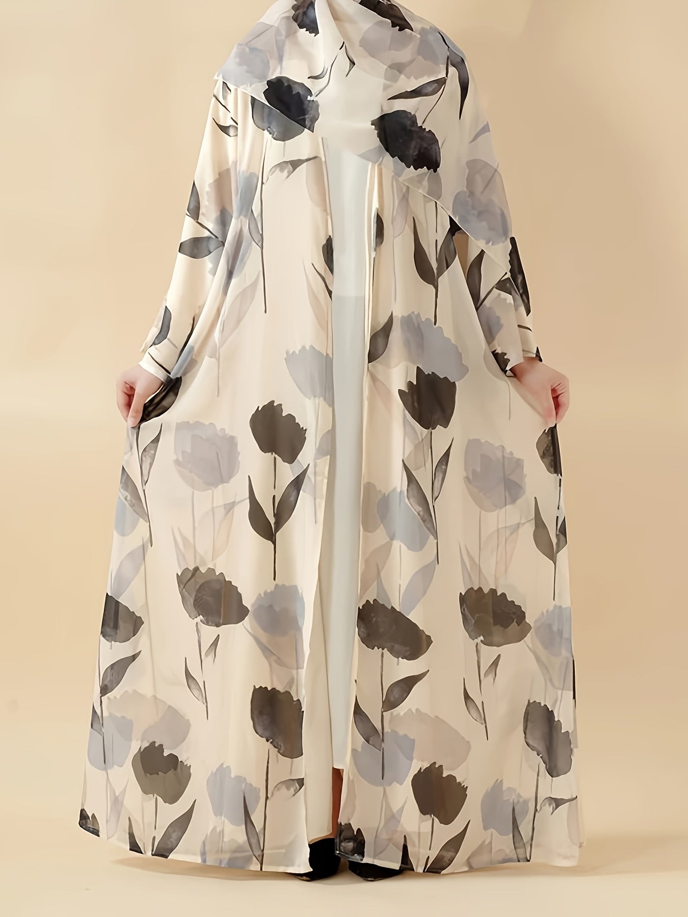 Elegant Floral Print Abaya Set - Lightweight, Open Front Long Robe with Matching Garment, Polyester, Non-Stretch Fabric, Perfect for Summer, Middle Eastern Fashion