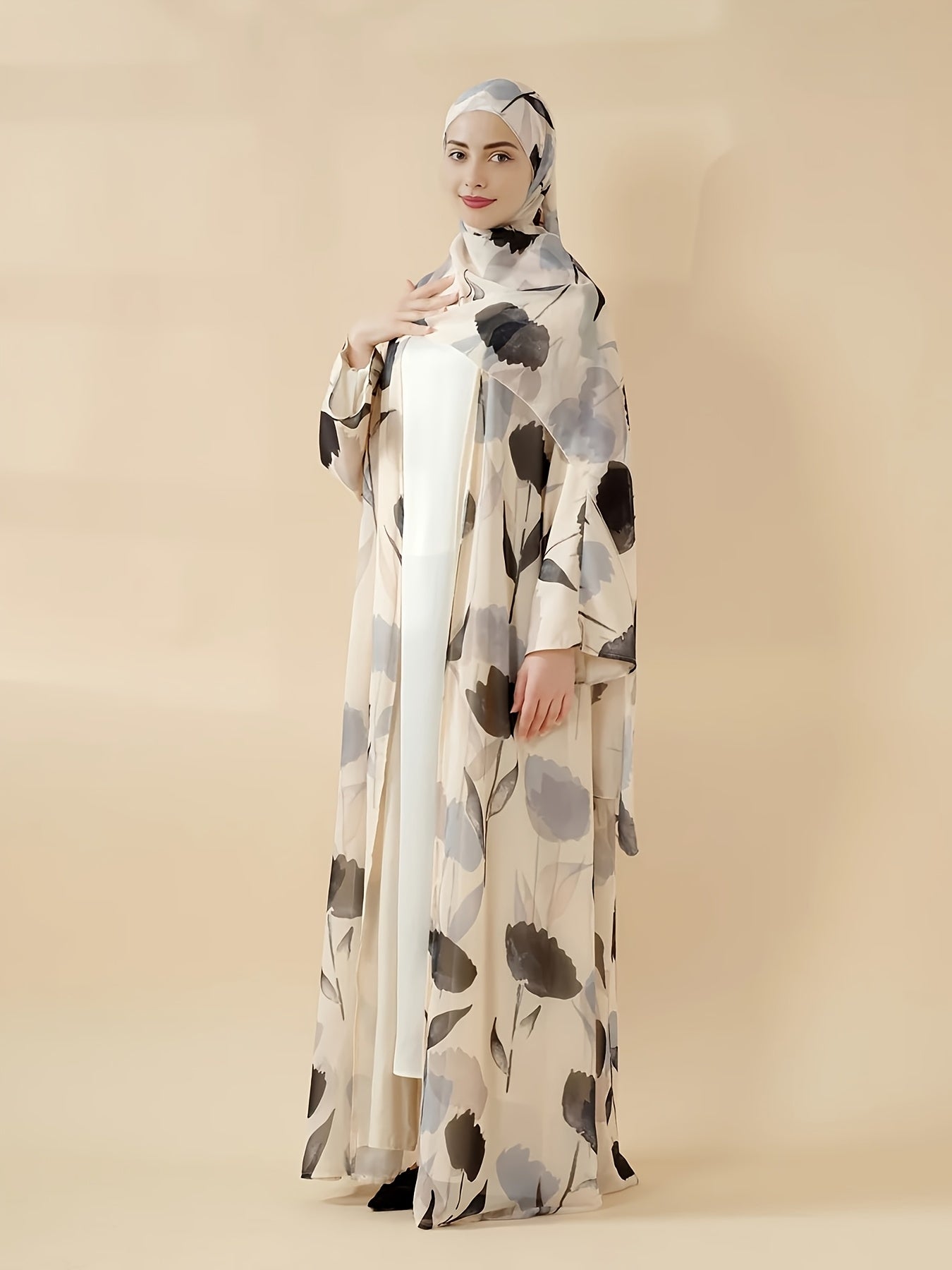 Elegant Floral Print Abaya Set - Lightweight, Open Front Long Robe with Matching Garment, Polyester, Non-Stretch Fabric, Perfect for Summer, Middle Eastern Fashion