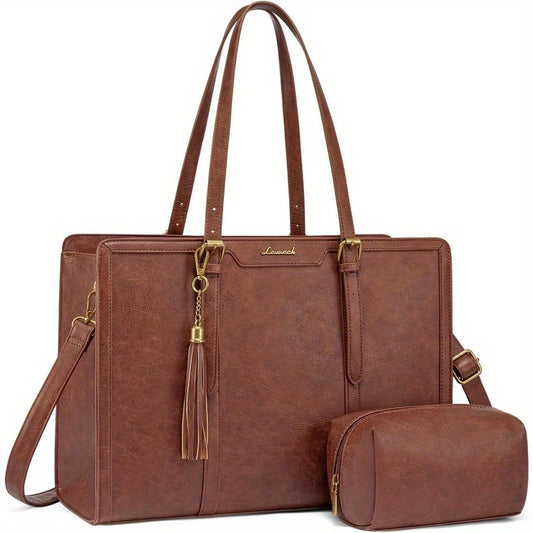 Women's Vintage Laptop Leather Tote Bag 15.6 Inch with Clutch Purse - Large Capacity Work Bag, Multi-Pocket Organizer & Metal Feet, Convertible Shoulder/Crossbody Bag for Office, Travel