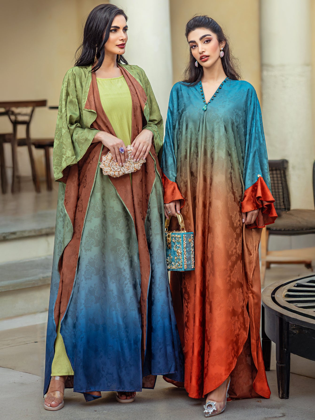 Elegant Gradient Abaya Dress with Butterfly Sleeves & Rhinestone Embellishments - Long Length, Solid Color, Regular Fit for All Seasons, Versatile Fashion | Gradient Abaya | Nonstretch Fabric