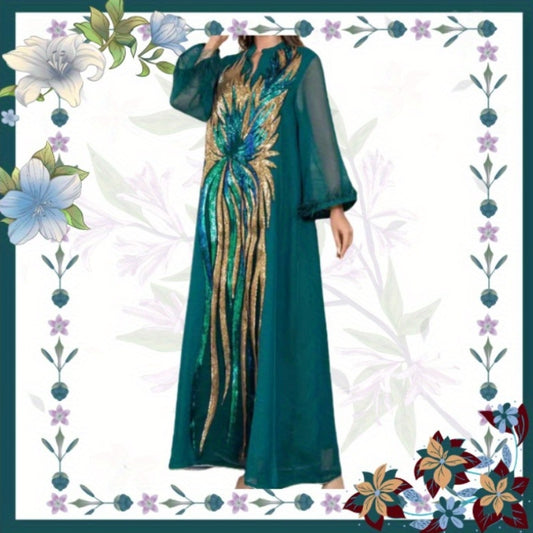 Women's Elegant Islamic Abaya Robe -Modern Long Sleeve V-Neck Islamic Dress with Floor-Length Coverage, Formal & Everyday Muslim Gown for Weddings, Eid - Modest Muslim Clothing