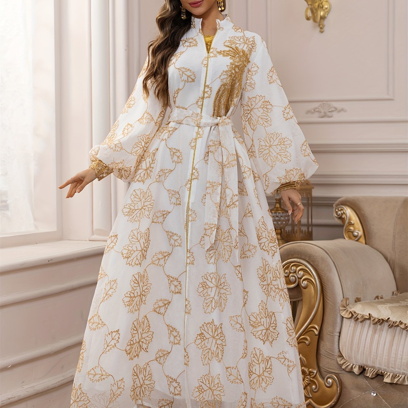 Dubai Floral Embroidery Belted Dress Belt included Lantern Sleeve Maxi Abaya Luxury Woman Evening Dresses Modern Kaftan 2025