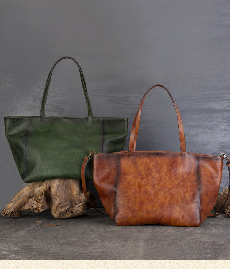 Tanned Cowhide Large Capacity Tote Bag, Genuine Leather One-Shoulder Cross-Span Bag Women's Large Bag Shopping Bag