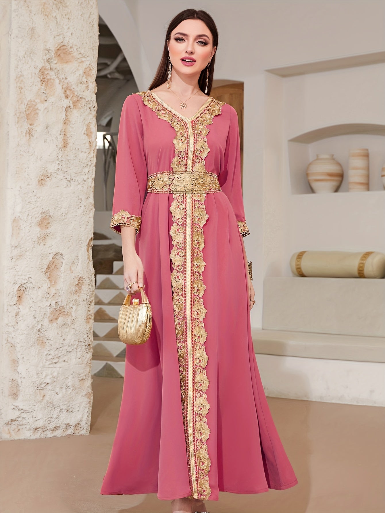 Elegant Golden Contrast Lace Detail Maxi Palestinian Abaya - V-Neck, Long Sleeve, Polyester, Formal or Evening Wear for Women, Formal Occasion Attire | Lace Detailing | Polyester Fabric