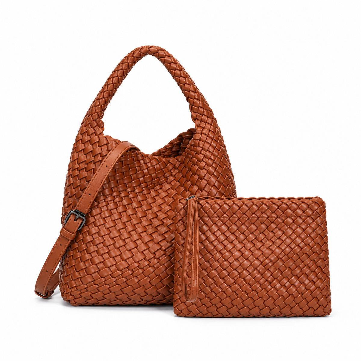 Brown Woven Hobo Bag With Pouch