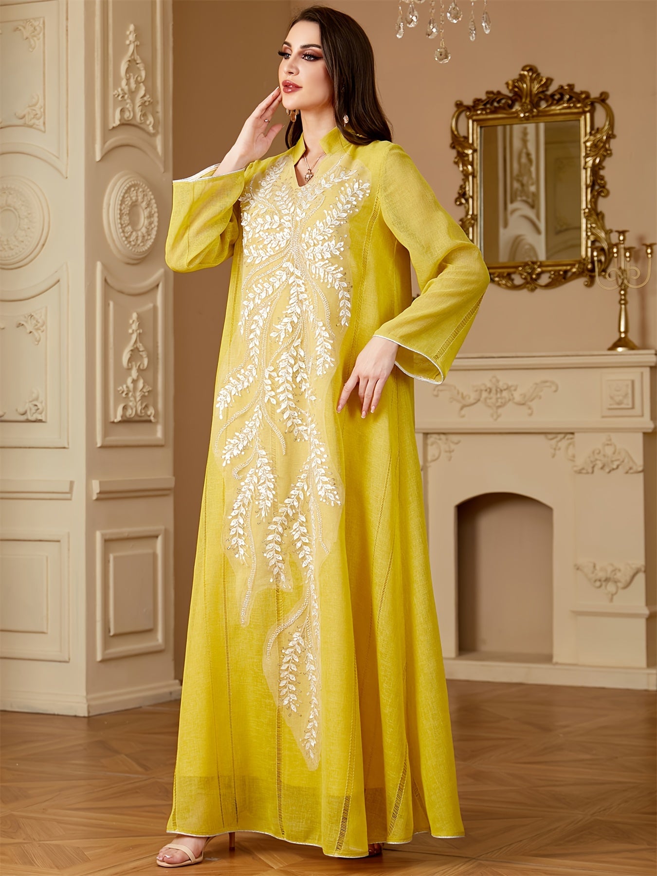 Ramadan Muslim Women's Fashion Beading Emirati Abaya Dubai Notched Stand Collar Dresses Mesh Sleeve Kebaya Casual Loose Clothing