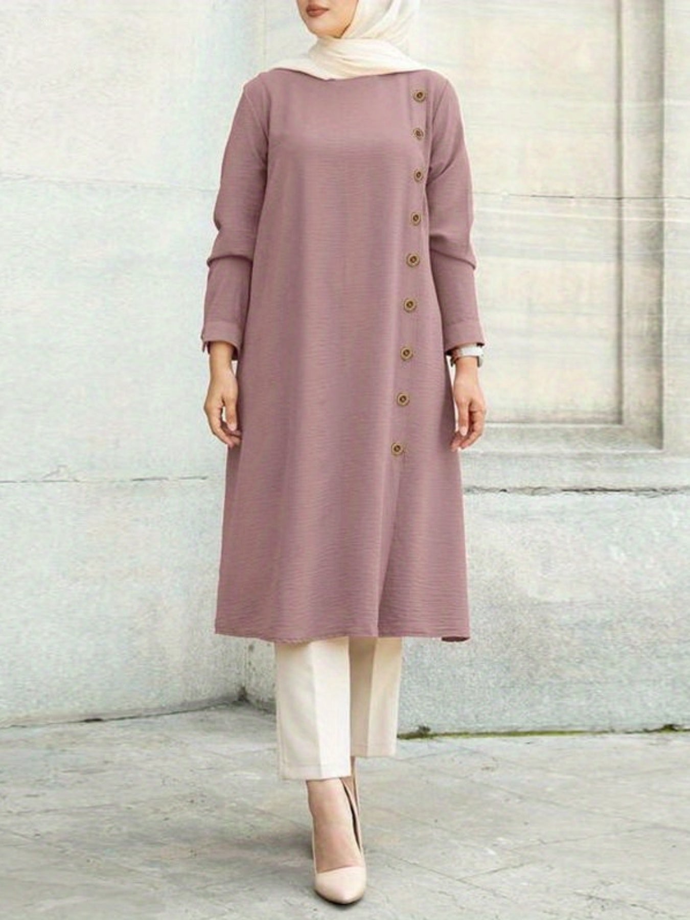Women Kaftan Abaya Dress Elegant Solid Color Ethnic Style Long Sleeve