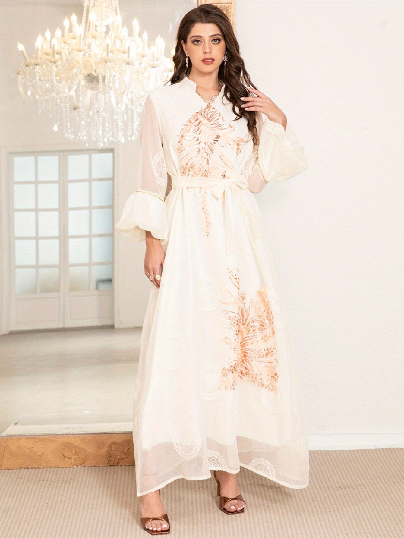 Elegant style High collar Jacquard Dots Embroidery Lantern sleeve Kaftan Baju Abaya