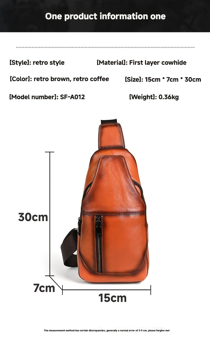 Men's Vintage Genuine Leather Chest Bag - Large Capacity Casual Messenger Shoulder Bag with Zipper Closure, Outdoor Shoulder Bag | Retro Style Bag
