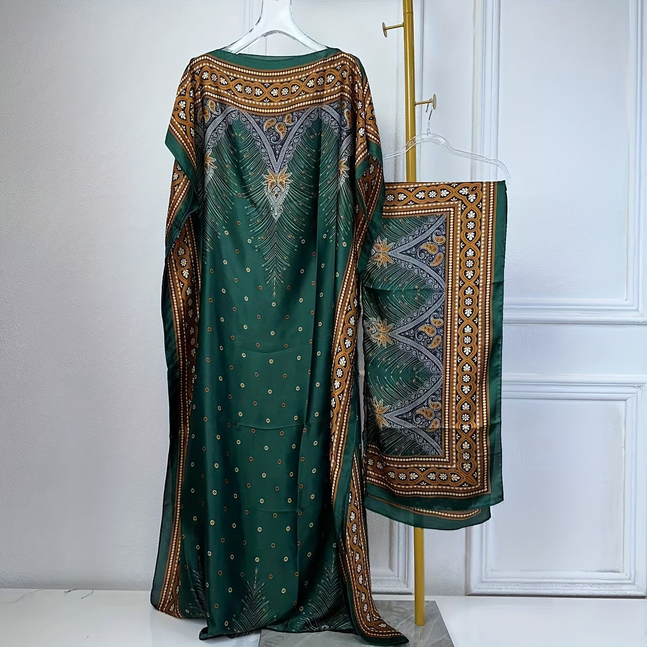 Print Abaya | Women's Clothing | Elegant Short Batwing Sleeve Kaftan | Loose Dress With Scarf | For Spring & Summer