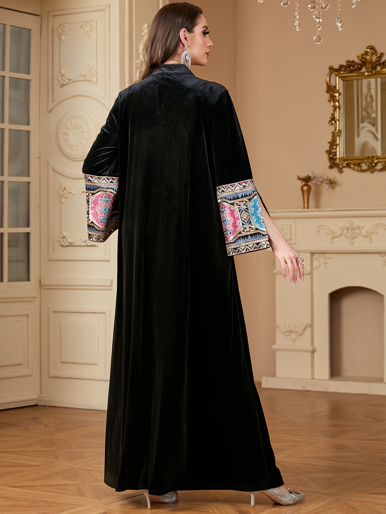 Women's Middle Eastern-Inspired V-Neck Long Sleeve A-Line kaftan Abaya - Burgundy with Multicolor Embroidery, Loose Fit Floor-Length Traditional Elegance for Autumn/Winter, Machine Washable