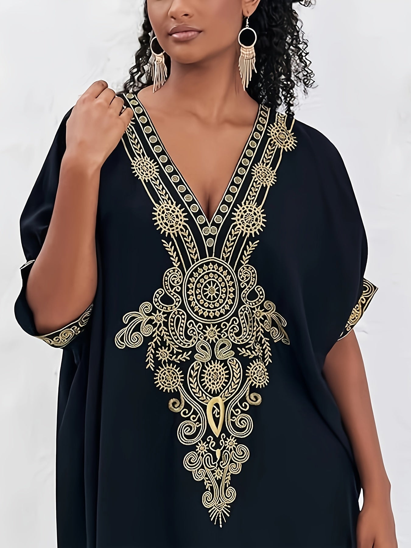 Elegant Black and Golden Kaftan Dress for Women - V-Neck, Loose Fit, Mid-Length Beach Cover-Up