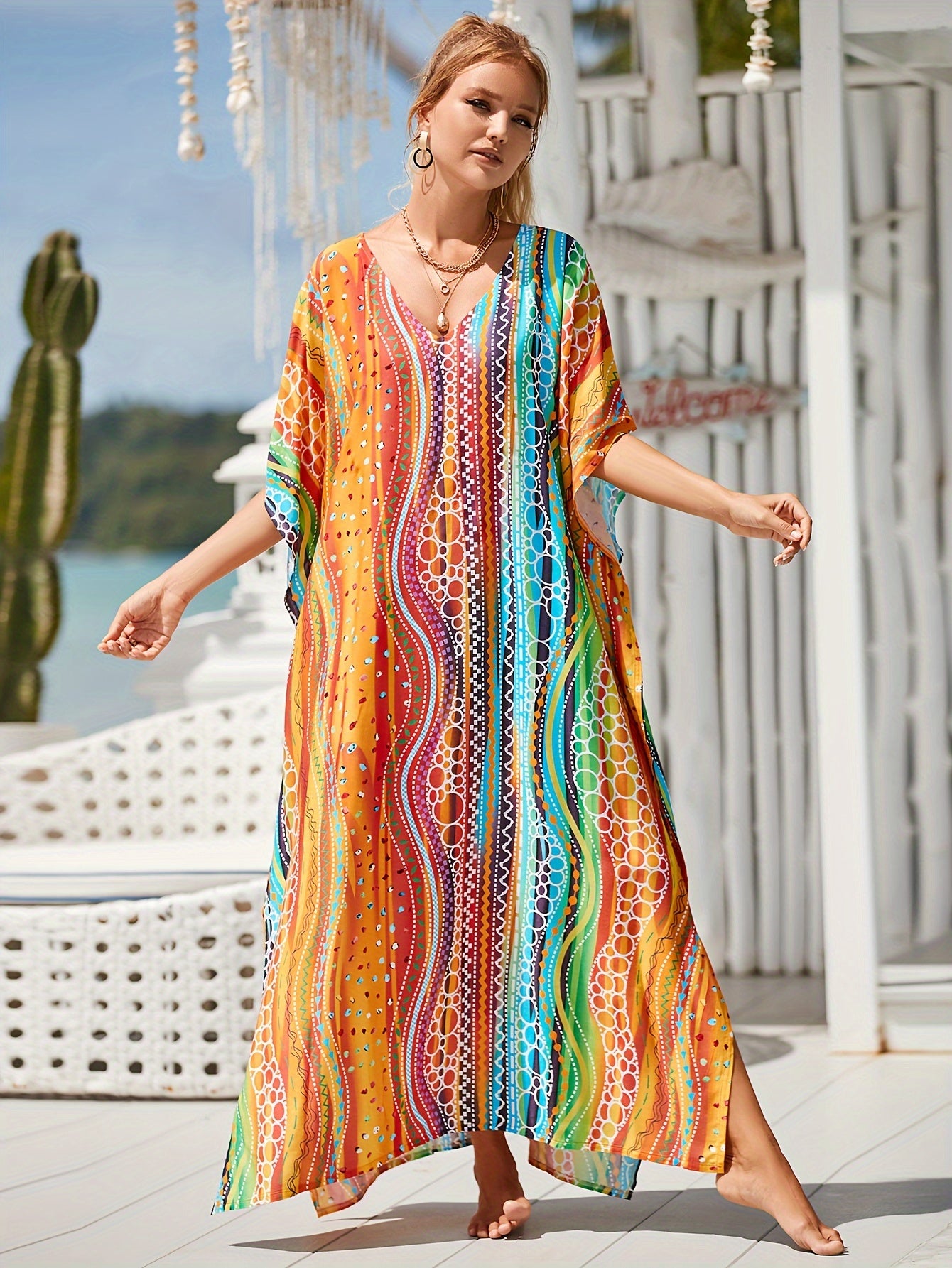 Women's Casual Long Beach Cover Up Shirt With V-neck And Side Slit Bikini Sun Protection Shirt Kaftan dress Swimsuit Cover Up Women's Casual Long Beach Cover Up Shirt With V-neck And Side Slit Bikini Sun Protection Shirt Kaftan dress Swimsuit Cover Up