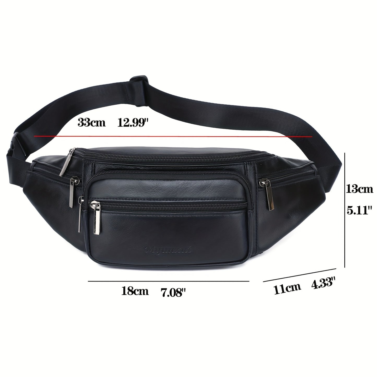 Men's Genuine Leather Belt Bag, Casual Top Layer Cowhide Fanny Pack, Black, with Adjustable 35.43inch Strap, Crossbody
