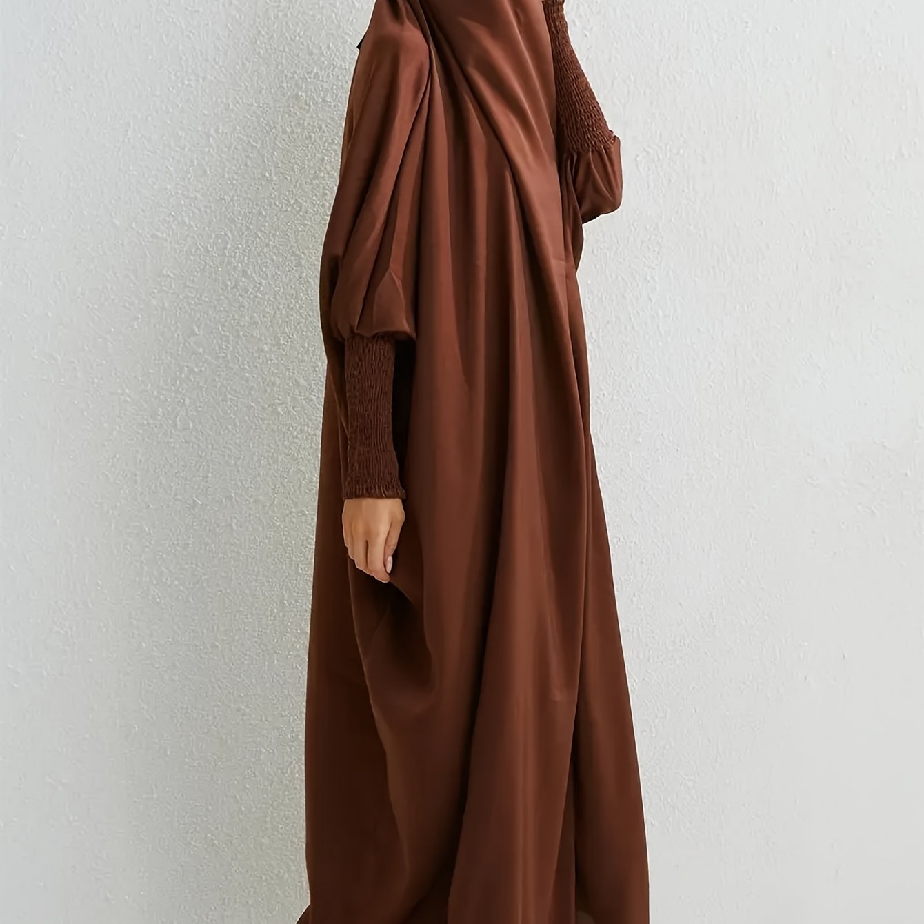 Women's Long Sleeve Abaya Dress - Loose Fit Solid Blue Kraft Style with Frill Hem