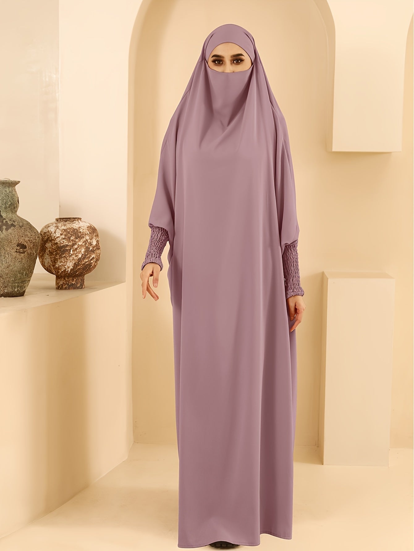 Women's Long Sleeve Abaya Dress - Loose Fit Solid Blue Kraft Style with Frill Hem