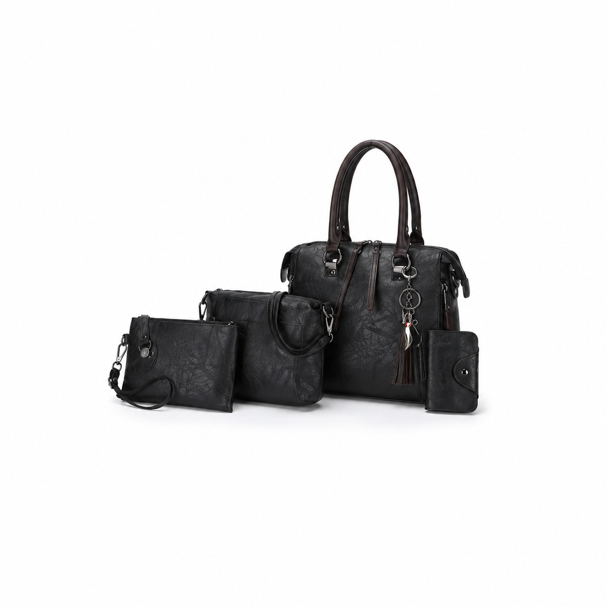 Premium Black Textured Leather Handbag Set