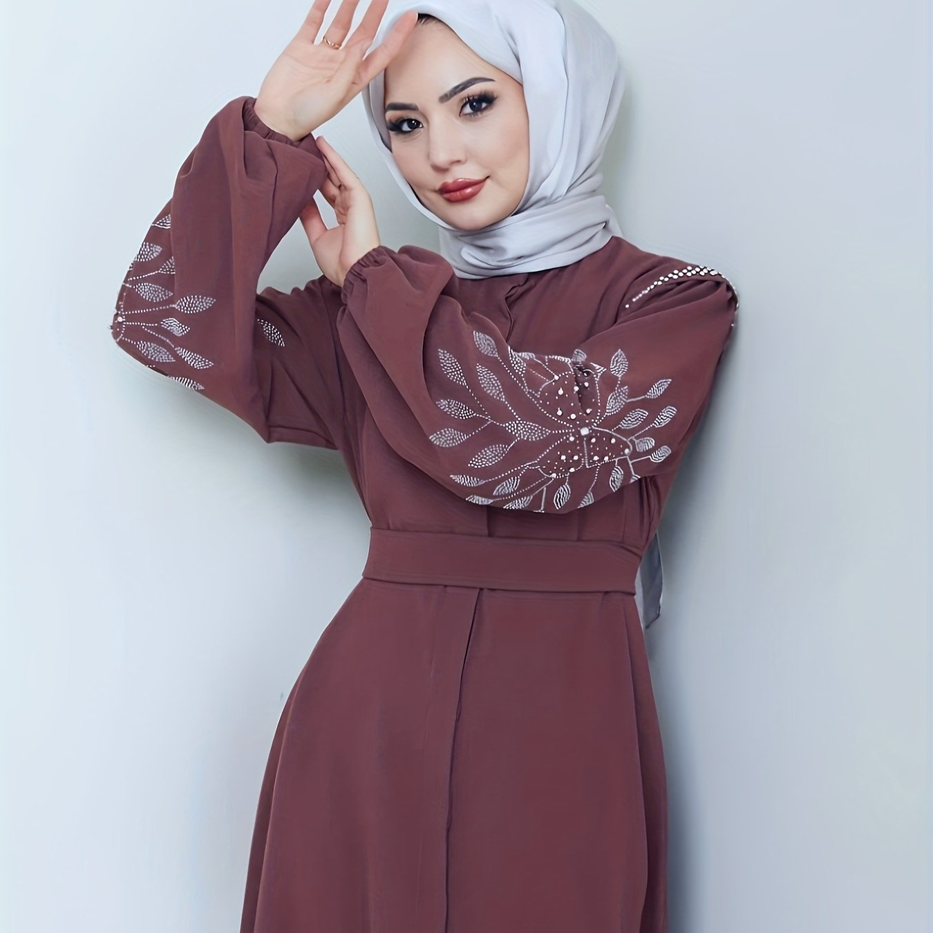 Elegant Middle Eastern-Inspired Rhinestone & Pearl Embellished Long Palestinian Abaya Dress - 100% Polyester Solid Black Floor-Length with Belt, Hand Wash Only for Modest Women