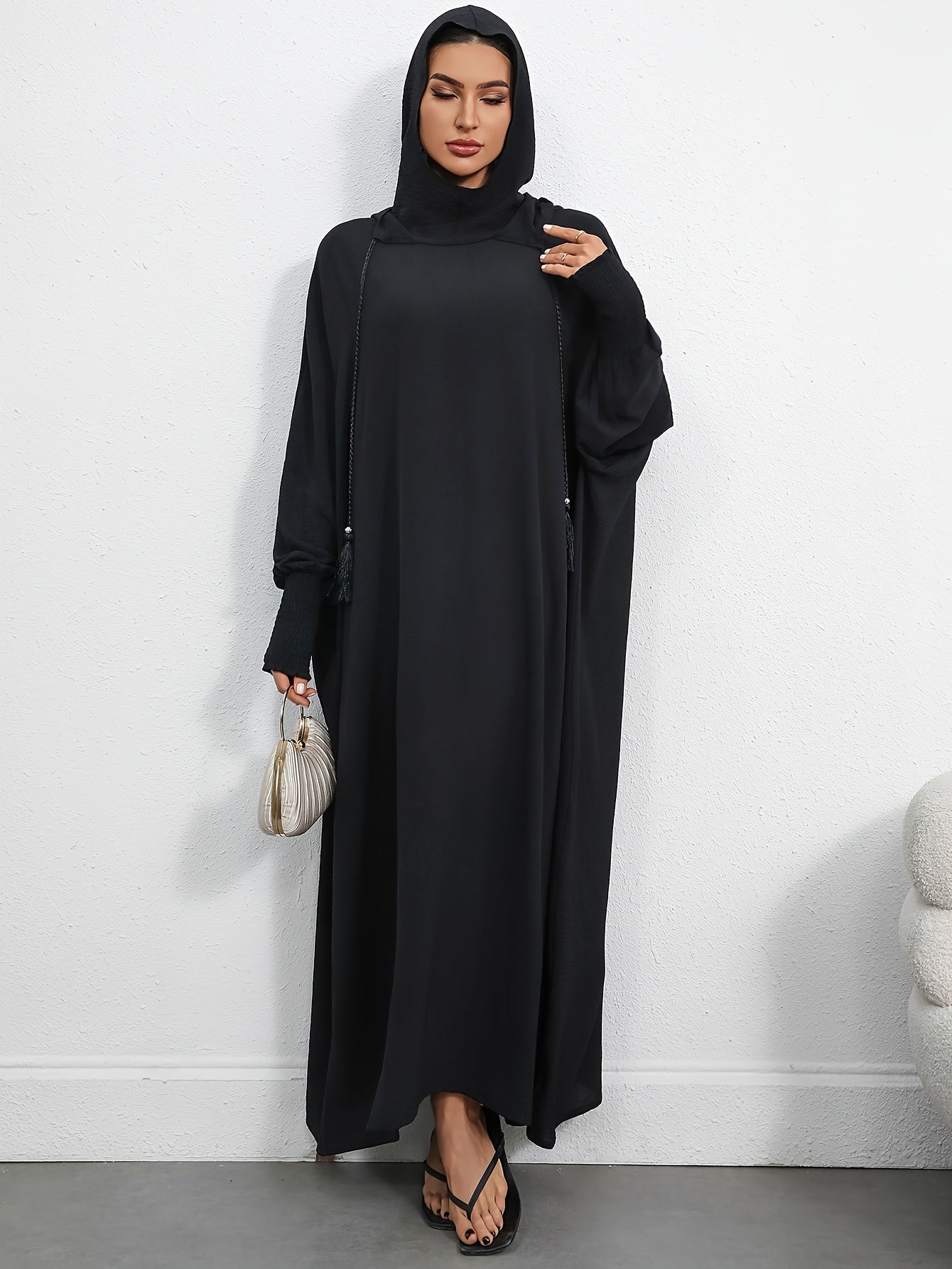 Women's Elegant Black Hooded Batwing Sleeve Dress - Loose Fit Long Flowy Turkish Kaftan, Machine Washable Polyester, Plus Size Friendly, Adjustable Drawstring Waist for Ramadan & Casual Wear Abaya