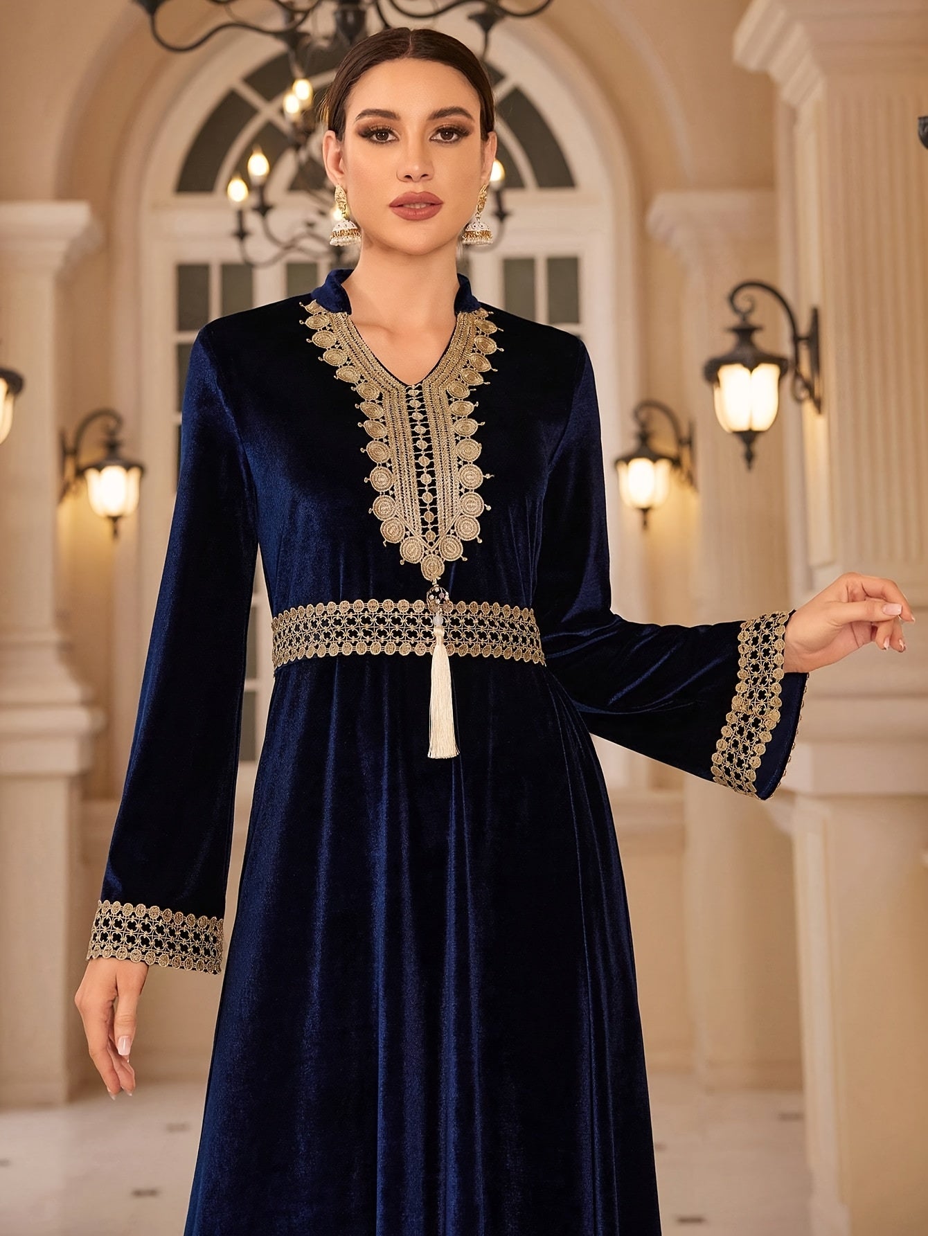 Elegant Women's V-Neck Tassel Embroidered Long Sleeve Maxi Modern Abaya - Velvet Teal Blue with Detachable Belt, Flowy Loose Fit for Weddings, Parties & Festivals, Middle Eastern Attire