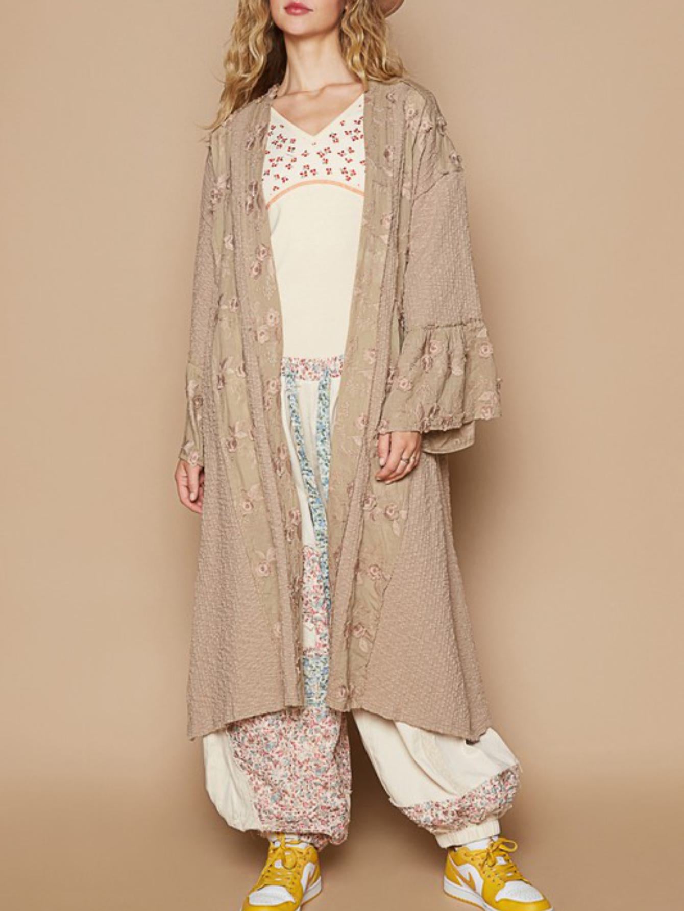 Women's Casual Duster Kimono Abaya Vintage Boho Lace Trim Open Front Longline Outerwear Khaki Long Sleeves Lightweight Soft Fabric Perfect for Spring/Fall/Winter Layering Everyday