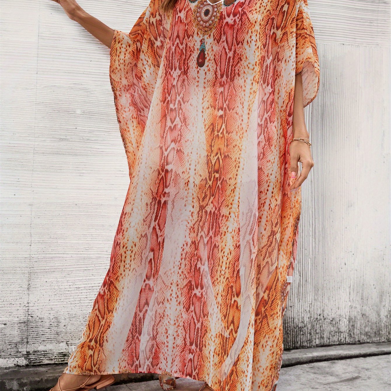 Plus Size Boho Beach Maxi Dress - Vibrant Print V-Neck Kaftan with Side Slits, Stretchy Lightweight Fabric, Short Sleeve Resort Wear for Seaside, Summer Parties & Casual Outings, Beach Dress, Seaside Event Attire, Flowy Fabric