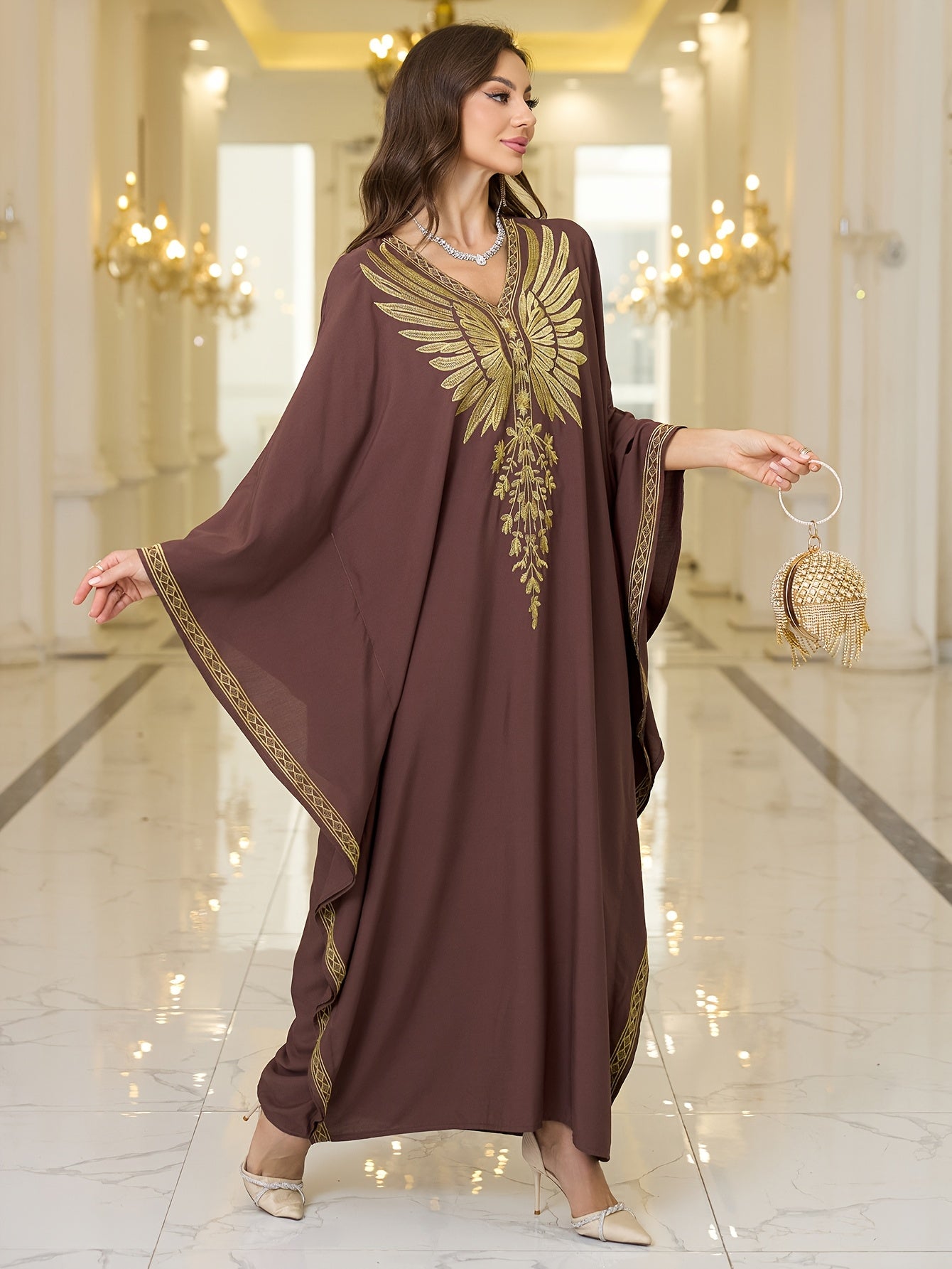 Women's Elegant Middle Eastern Kaftan Abaya - Formal & Everyday Islamic Gown with Long Batwing Sleeves, V-Neck, Non-Stretch Fabric for Ramadan, Weddings, Cultural Events