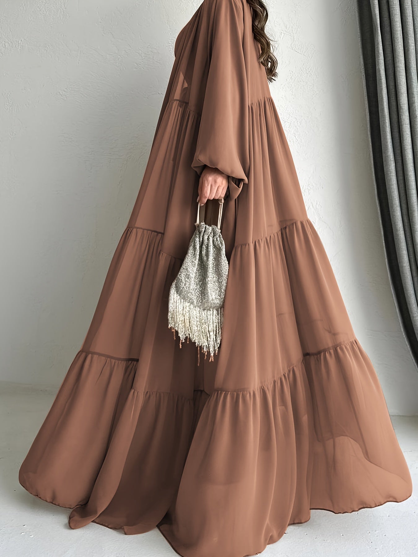 Women's Middle Eastern Palestinian Abaya Dress with Cape Cover - Sleeve Brown Solid Color Modest Traditional Dress, Adjustable Waist Tie Belt, Machine Washable All-Season Wear, Versatile Layering Piece