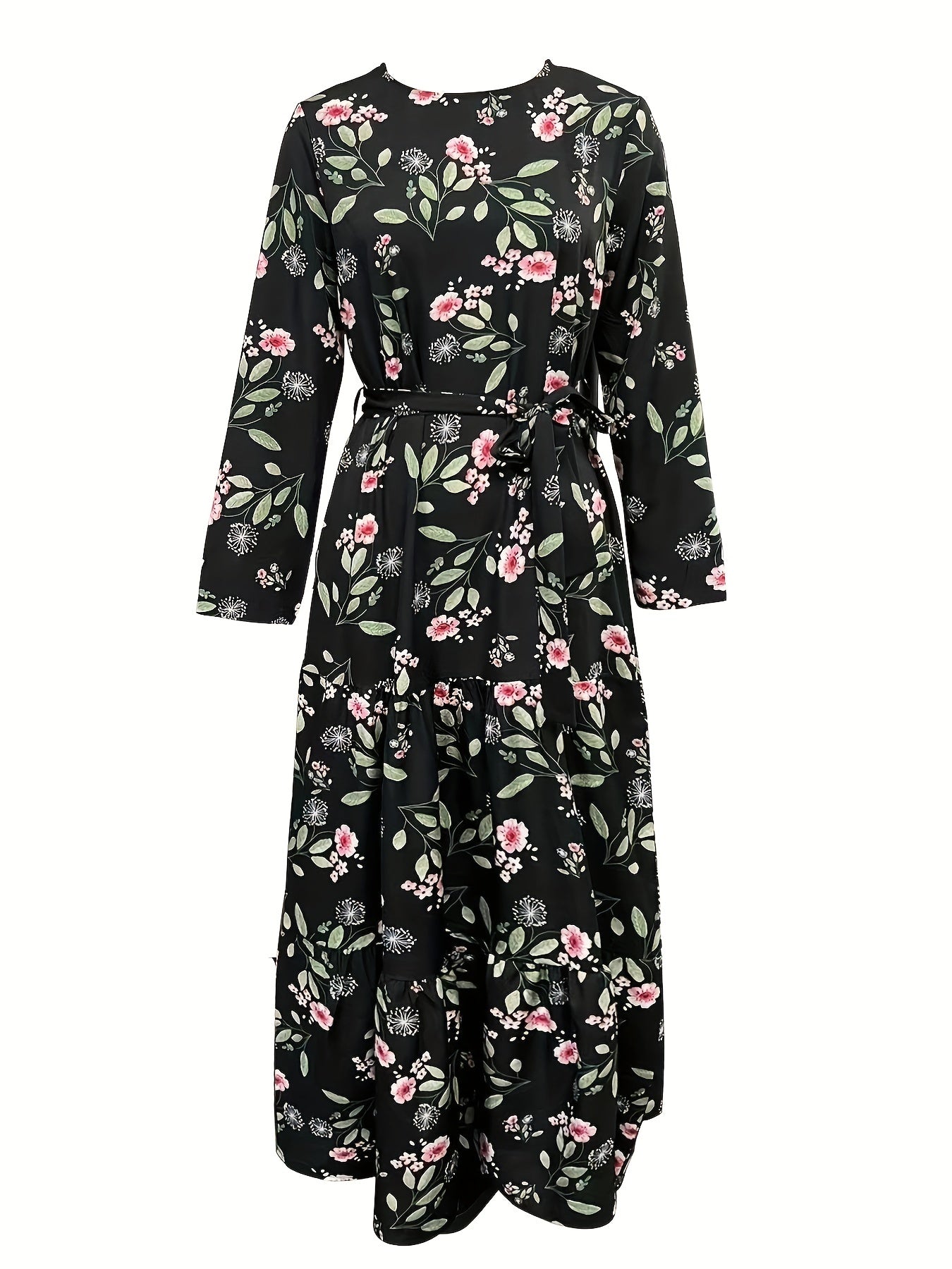 New Women's Elegant Middle Eastern Kaftan Abaya - Black Floral Print with Red Flowers, Long Sleeve Lace-Up Modest Dress, Machine Washable for Spring Summer Fall, Abaya Dress Fancy