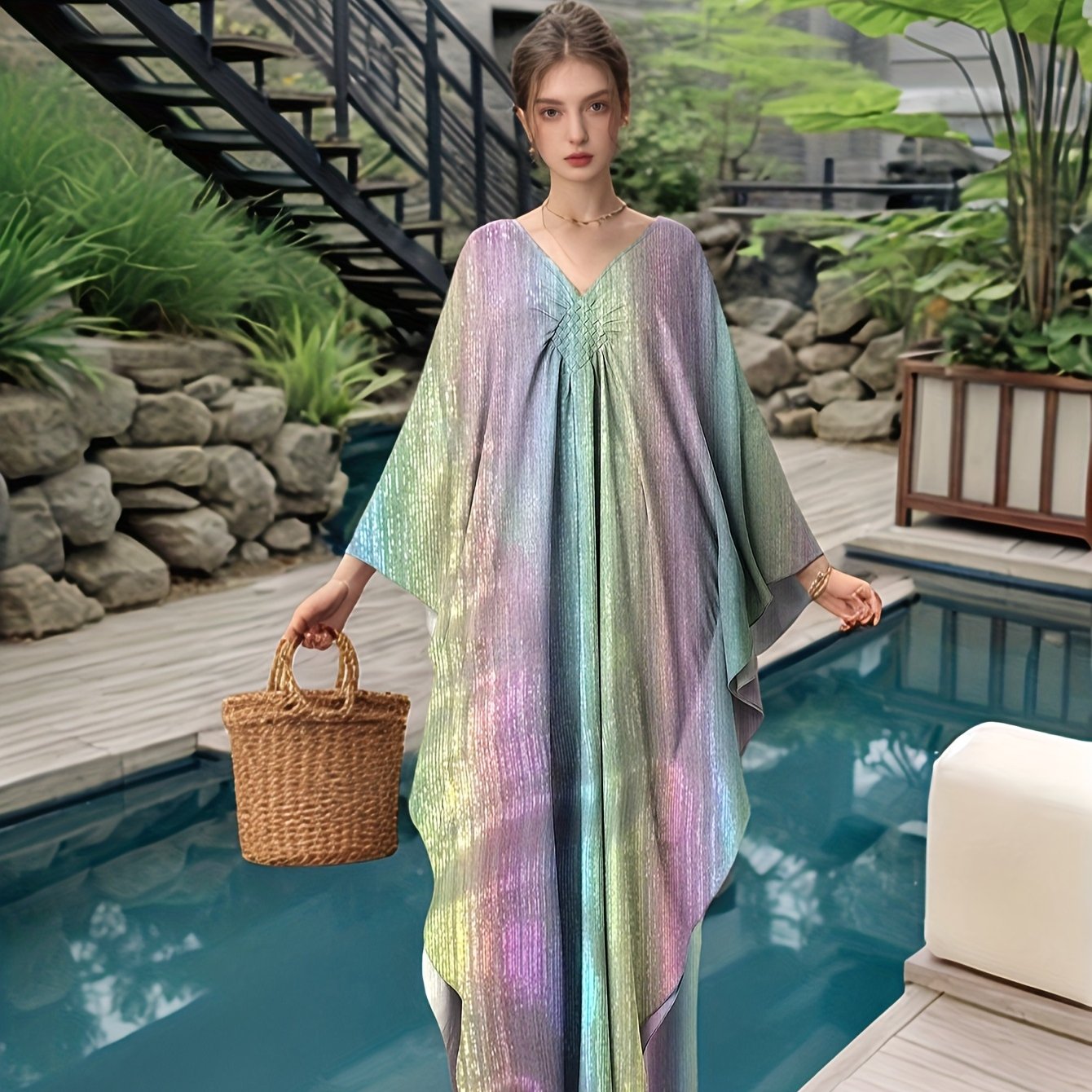 Kaftan Dresses For Women Sparkly Glitter Batwing Sleeve Kaftan Cover Up Beach Maxi Dress Loungewear