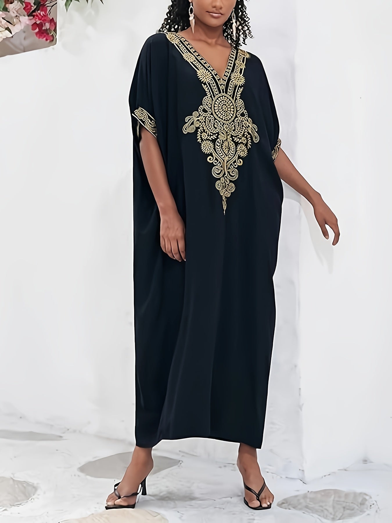 Elegant Black and Golden Kaftan Dress for Women - V-Neck, Loose Fit, Mid-Length Beach Cover-Up