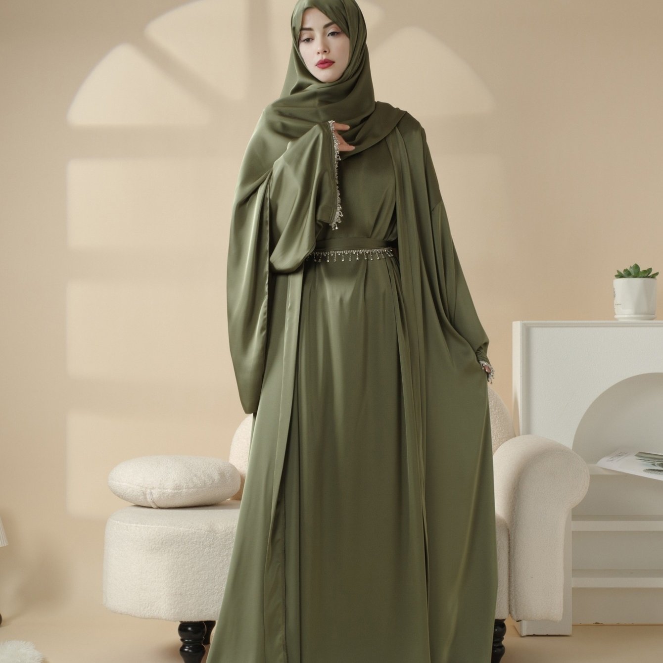 4pcs Satin Diamond Tassel Emirati Abaya Set Eid Al Adha, Abaya Muslim Women's Ramadan Iftar Eid Al Adha Iftar Holy Commemoration Prayer Garment Long Robe Gown Global Spring Summer