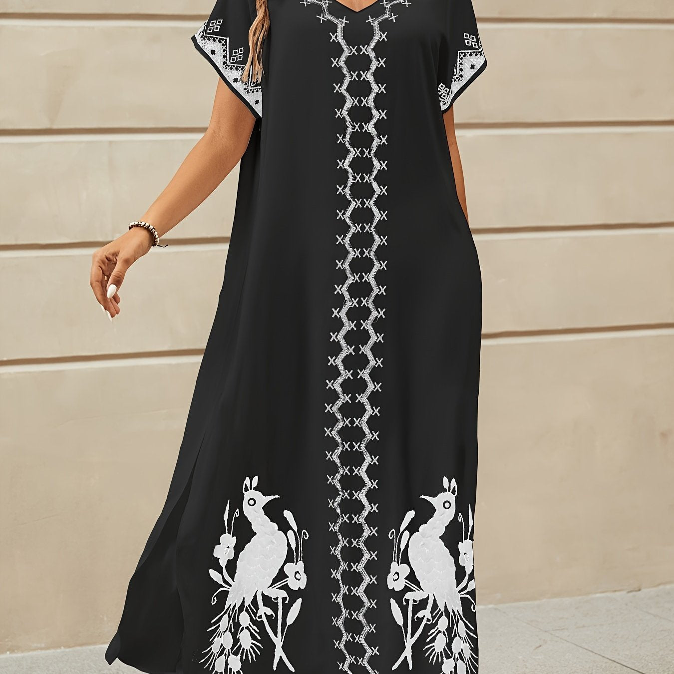 Embroidery Long Kaftans for Women Bathing Suit Cover Up V Neck Kaftan Loungewear Maxi Dresses Black