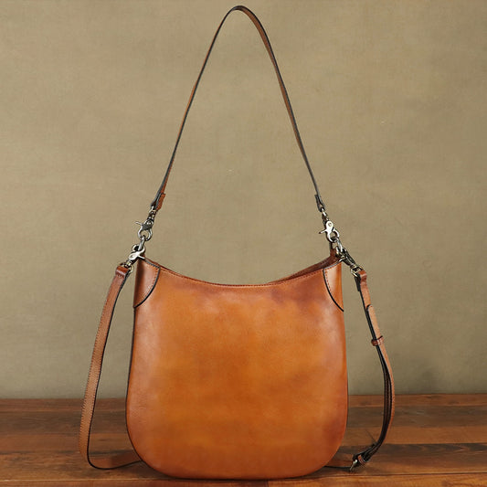 Women's Vintage Genuine Leather Crossbody Shoulder Bag - Adjustable Strap, Op Grain Texture, Brown Crossbody Satchel with Zip Closure
