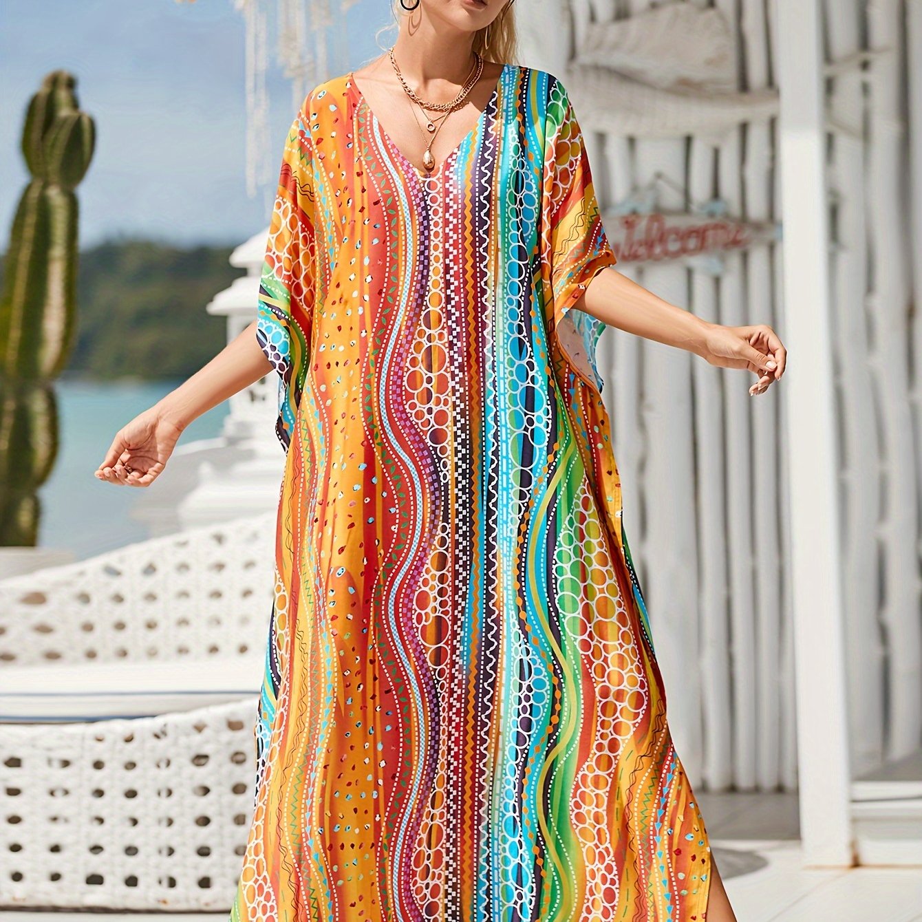 Women's Casual Long Beach Cover Up Shirt With V-neck And Side Slit Bikini Sun Protection Shirt Kaftan dress Swimsuit Cover Up