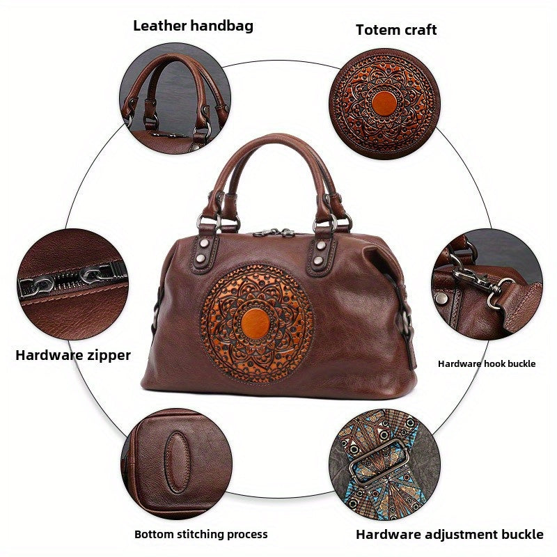 Women's Genuine Leather Satchel Business Handbag - Light Brown Geometric Retro Totem Design, Large Capacity Convertible Shoulder/Handbag with Adjustable Strap