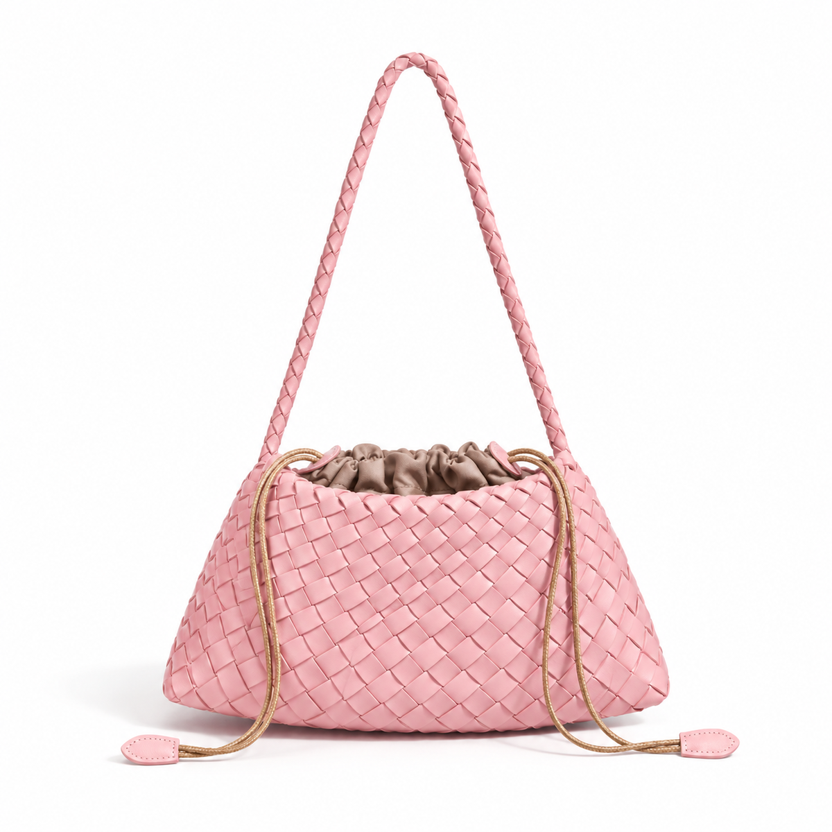 Pink Woven Shoulder Bag With Drawstring