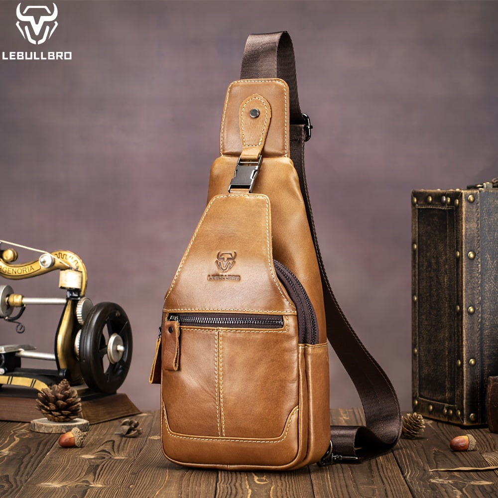 Men's Premium Top Layer Cowhide Sling Bag - 100% Genuine Leather Chest Pack with Multiple Zippered Compartments, Adjustable Strap
